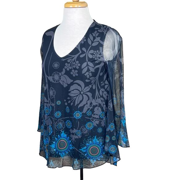 Desigual Women’s Sheer Mesh Top with Printed Design & Rhinestones Lined Fits S-M - Picture 11 of 11